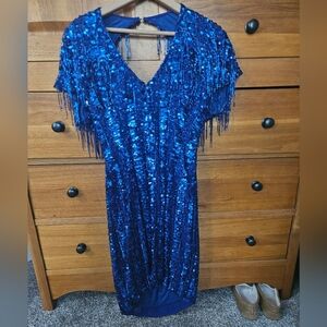 Blue sequined evening dress